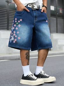 Manfinity EMRG 男士街頭風休閒刺繡藍色牛仔短褲 - 深色水洗藍 - 查看 4