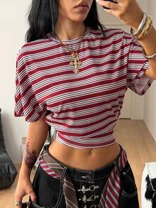 Coolane Women's Summer Minimalist Y2K Basic Daily Wear Casual Back To School Streetwear Stretchy White Loose Ruched Crop Tees - Red - View 4