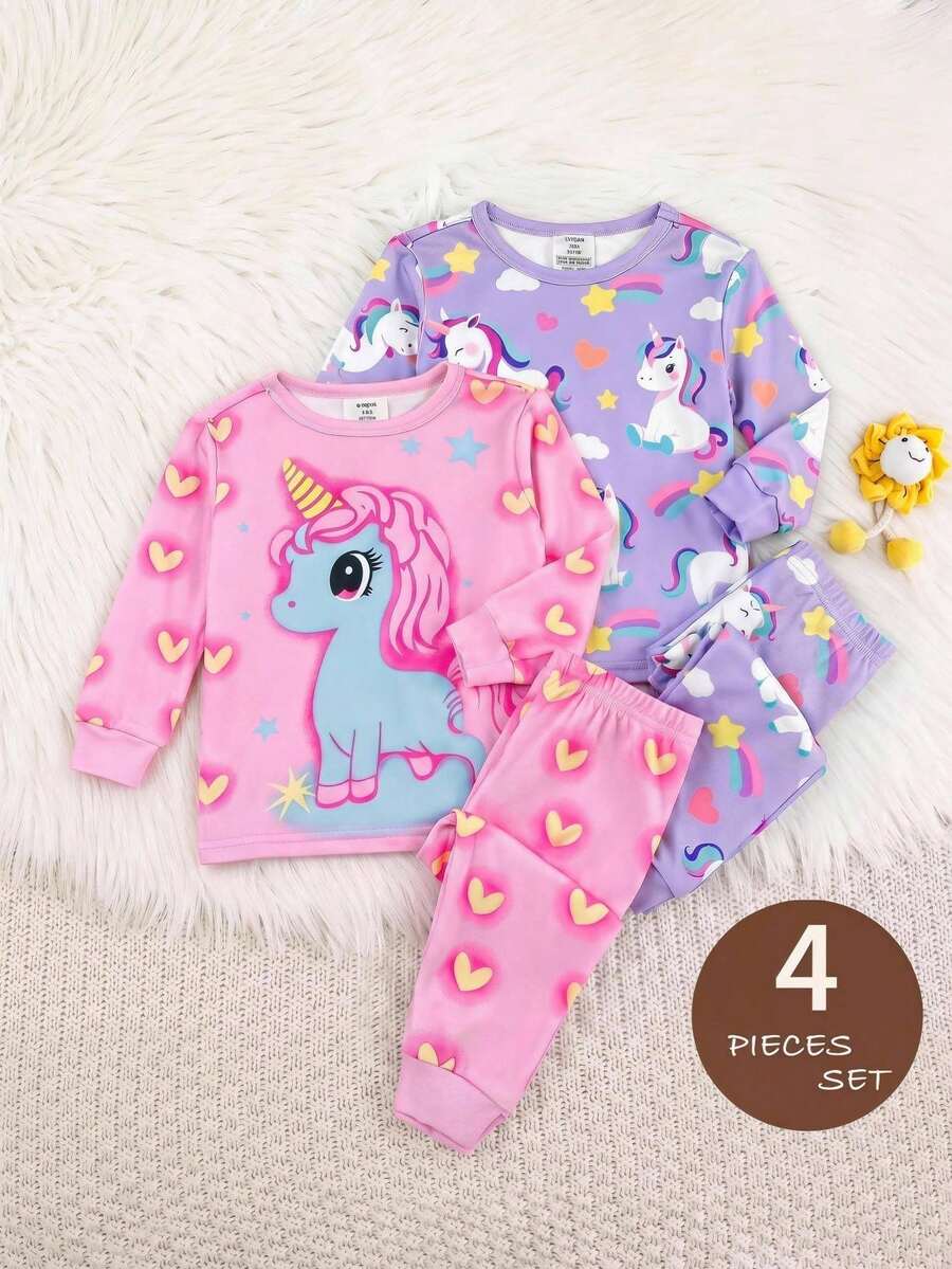 SHEIN 4件套女婴针织可爱独角兽图案圆领T恤和打底裤家居服套装 - 彩色 - 查看 1