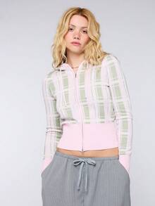 COUREZ Long Sleeve Fitted Hooded Check Zip Cardigan Knit / Y2K Summer Outfits For Women Casual Outfits Autumn Hoodie Going Out Outfits Rave Autumn Knit - Multicolor - View 7