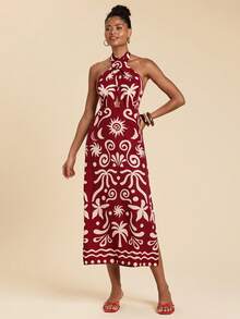 Travachic Vacation Casual Tropical All-Over Print Backless Halter Neck Dress,Summer,Beach Vacation,Elegant,Vacation Burgundy - Red - View 5