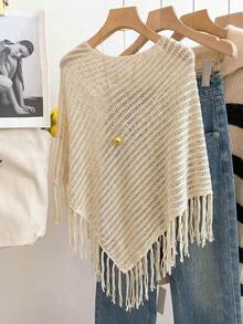 SHEIN Holidaya 夏季新款上衣，沙灘象牙色鏤空針織罩衫－V領三角剪裁單鈕扣開襟流蘇下擺細節開襟衫，波希米亞風情與海岸沙灘風格 - 杏色 - 查看 2