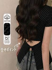 FRIFUL 女款夏季休閒 1960s 復古 70s 黑白波點印花後開衩綁帶 T-shirt 度假可愛上衣 - 黑色 - 查看 1