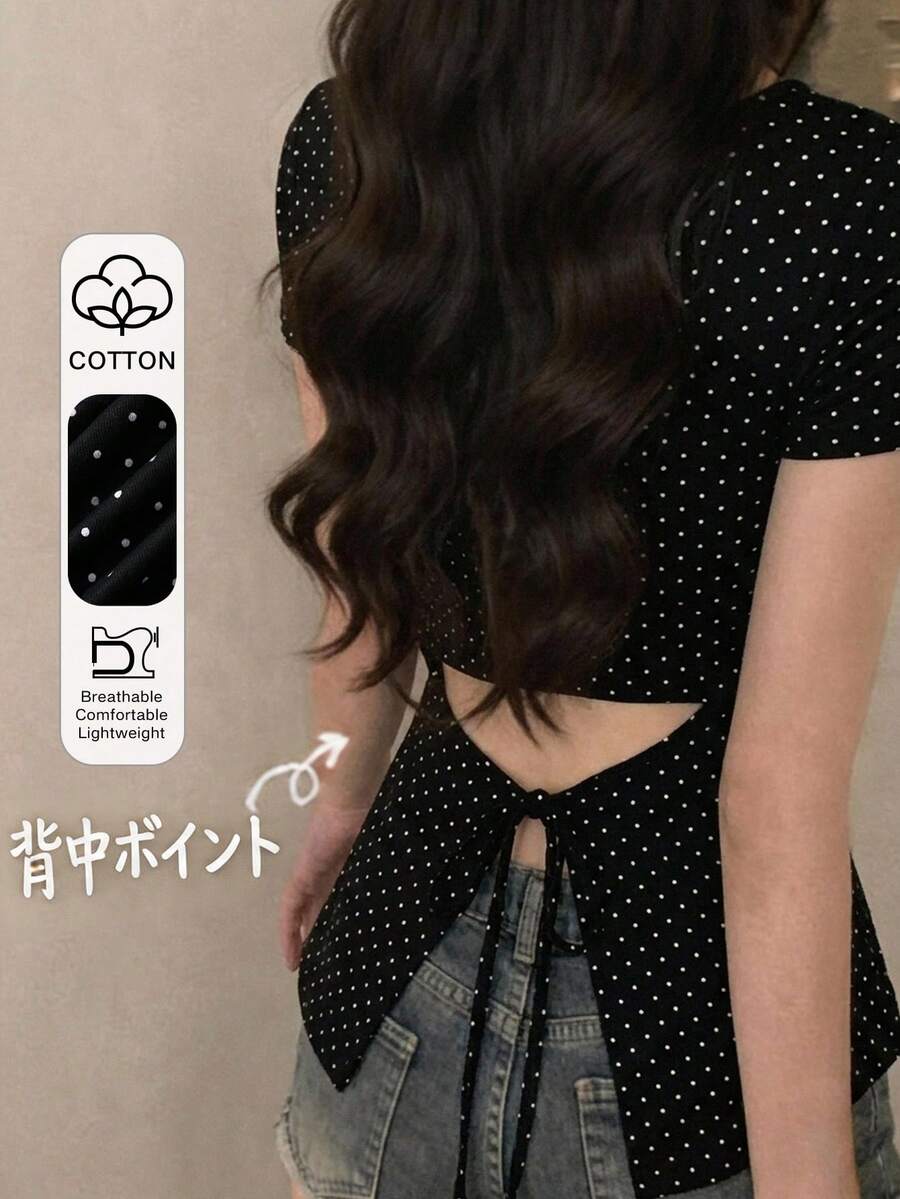 FRIFUL 女款夏季休閒 1960s 復古 70s 黑白波點印花後開衩綁帶 T-shirt 度假可愛上衣 - 黑色 - 查看 1