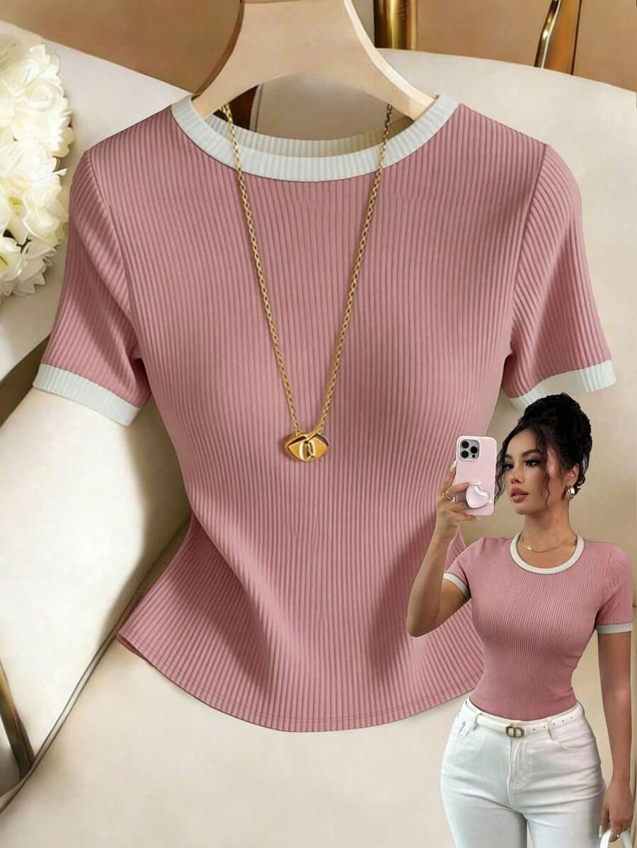 Elenzga Women's Summer Casual Daily Commute Ribbed Knit Contrast Trim Short Sleeve T-Shirt Date Pink And White - Pink - View 1