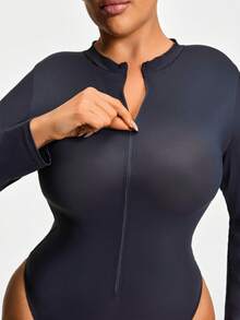 SHAPORA Plus Size Shaping Wear Outside Long Sleeve Shapewear Thong Bodysuit Body Shaper Butt Lifter-Tummy Waist Thigh Control - Black - View 6