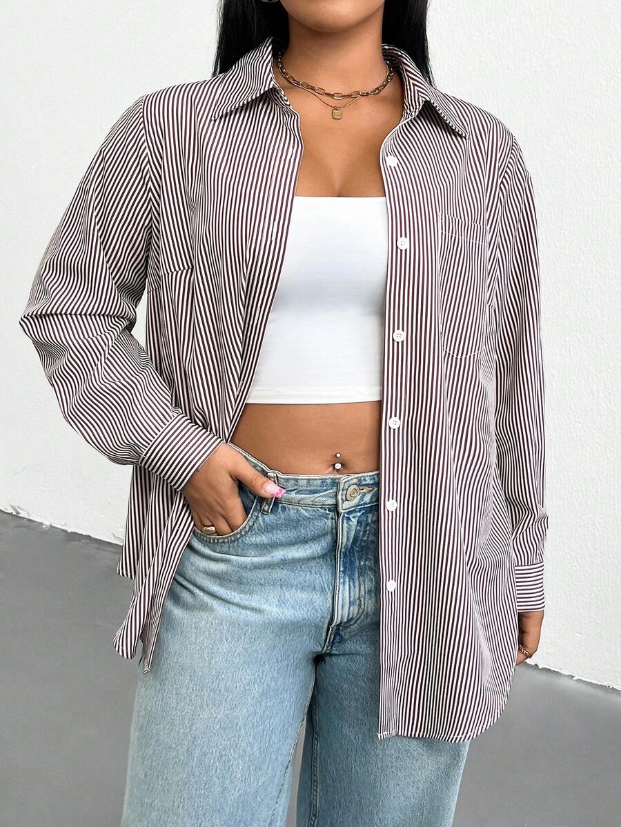 SHEIN Essnce Plus Size Women's Spring/Autumn Casual Traditional Loose Comfortable All-Match White Button Long Sleeve Shirt Outing Work Office Formal Top Teachers' Day