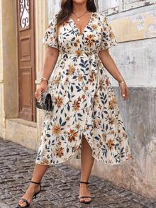 Ceyna Plus Allover Print Belted Wrap Dress, For Christmas Maxi Women Outfit Beach Vacation White Summer Boho - Apricot - View 3