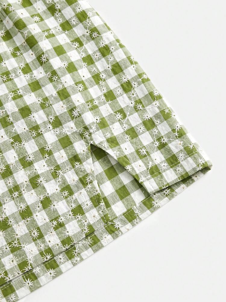 Green Gingham Embroidered Floral High-Waisted Mini Skirt Summer Holiday Casual Vintage Skirt