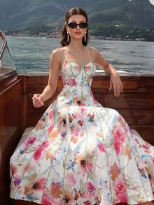 Modelyn Đầm xòe ôm sát in họa tiết, dây mảnh, hở lưng, thời trang xuân hè. - Nhiều màu - Xem 7