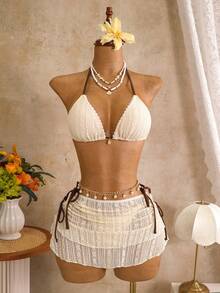 Bellisia Conjunto de 2 piezas de traje de baño para sol y playa de primavera/verano, traje de baño con falda de unicolor texturizado con contraste, espalda descubierta y cuello halter para mujeres - Beis - Ver 3