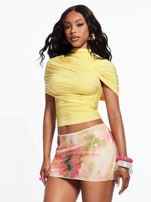 Denimoi Ruched Cap Sleeve Top Fashionable Tops GNO Date Night Brunch Outfits Spring And Summer - Pale Yellow - View 5