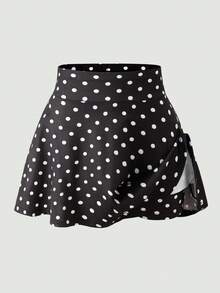 SHEIN 青少年女孩復古甜美學院風返校季黑白波點高腰A字迷你裙 - 黑與白 - 查看 3