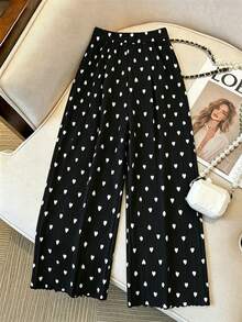 SHEIN Clasi Plus Size Women's Heart Print Pleated Straight Leg Pants - Black - View 2