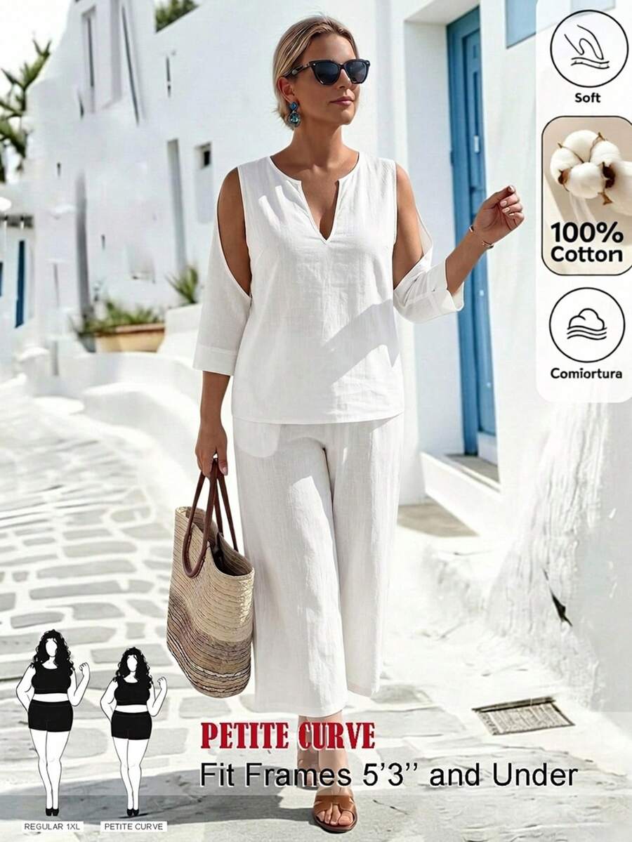 SHEIN PETITE CURVE 大尺碼女款素色缺口V領上衣與長褲休閒日常兩件套 - 白色 - 查看 1