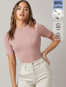 SHEIN BASICS 女款素色圓領修身顯瘦日常百搭短袖T恤 - 淺粉色 - 查看 6