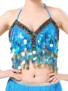 1PC Colorful Sequin Wrapped Belly Dance Costume, A Hanging Coin Stage Performance Dance Costume With Sequin Tassel Top - Multicolor - View 7