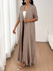 SHEIN Tall CURVE Plus Size Casual Traditional Elegant Commuter Lounge Vacation Solid Color Long Jacket And Pants 2 Pieces Set Evening Business Formal Autumn Fall - Khaki - View 7