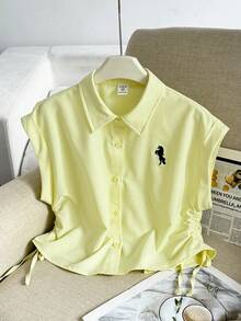 SHEIN Tween Girl Casual Everyday Versatile Comfortable Turn Collar Side Gathered Shirt - Yellow - View 5