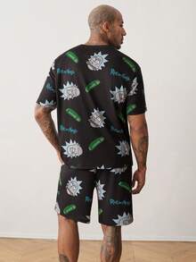 Rick and Morty X SHEIN 男士字母卡通印花短袖上衣與短褲休閒日常居家服套裝 - 黑色 - 查看 2