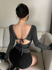 DAZY Loose Striped Colorblock Patchwork Long Sleeve Long Women's T-Shirt - Grey - View 2