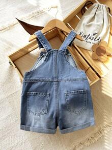 SHEIN Girls' Summer New Basic Mid-Blue Washed Cotton Denim Overall Straight Leg Shorts, Soft Cotton Fabric, Suitable For Holiday, Daily Wear, School, Commute, Party, Festival - Light Wash - View 2
