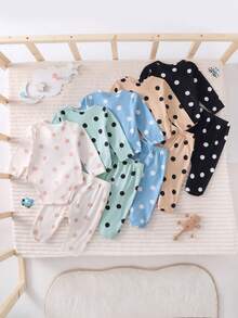 (Random 5pcs 2) Set de pantalon lung cu piciorușe și body cu mânecă scurtă pentru nou-născuți, minimalist elegant, cu buline, în culorile hașma, bej, caisă, verde fasole, gri și albastru - Multicolor - Vizualizare 2