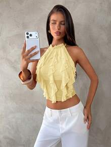 Aloruh Spring/Summer New Sexy Backless Lace-Up Design Hot Girl Sexy Slit Purple Elegant Multi-Layer Ruffle Decor Halter Neck Backless Top, Tank Top - Light Yellow - View 5