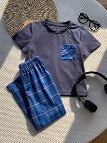 SHEIN 男童纯色针织圆领休闲T恤和格子裤两件套家居服 - 彩色 - 查看 4