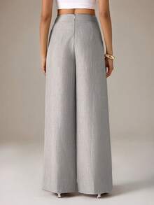 SHEIN Tall Pantaloni da donna in tessuto di bambù rosa con design a fibbia frontale in vita, eleganti, professionali e casual, adatti per insegnanti, essenziali per il Ringraziamento e Ognissanti, versatili, ampi e fluidi, a gamba dritta, per donne alte - Grigio - Visualizzare 2