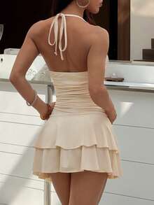 Elamini New Women's Summer Elegant Dress, Sexy Hot Girl Style Short Slimming Body-Hugging 3D Pleated Decor Button Strap Spaghetti Strap Dress, Asymmetrical Ruffle Design Cake Skirt, Suitable For Dating, Vacation Party, Gathering, Valentine's Day, Travel, Apricot - Apricot - View 2