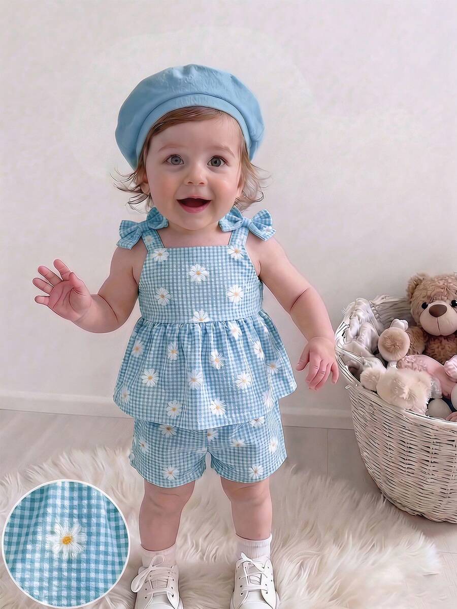 SHEIN 2件組女嬰幼兒/新生兒0-3歲春夏季休閒日常可愛度假條紋蝴蝶結圖案吊帶上衣+短褲套裝 - 淺藍色 - 查看 1