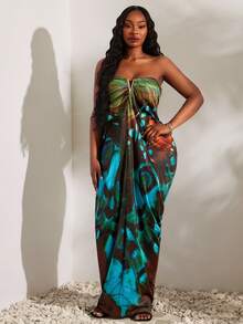 Radiana Teal hoch-elastisches gestricktes gerafftes metallisch verziertes trägerloses Maxikleid Urlaub Strand Hochzeit Cocktail Hochzeitsgast Feiertag sexy tropisch elegant - Verschiedenfarbig - Übersicht 5