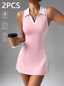 CourtClass 2pcs Spring/Summer Women's Sports Dress, Pink Colorblock Polo Collar Sleeveless Front Colorblock Stripe Split Back Racerback Design, Separate Lining Shorts And Pockets, Suitable For Daily Casual, Running, Yoga, Gym, Tennis, Golf - Pink - View 5