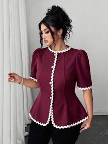 SHEIN Clasi 大尺碼女款波浪飾邊短澎澎袖單排扣襯衫 - 酒紅色 - 查看 7