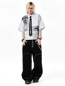 ROMWE MEN Goth 男士短袖衬衫，哥特风印花+黑色领结设计，开襟纽扣休闲衬衫，适合夏季日常休闲、学院风、街头风等场合 - 彩色 - 查看 7