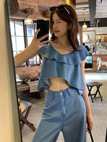 DAZY 女士时尚甜美多层荷叶边露脐上衣搭配休闲直筒牛仔裤套装，春夏款 - 藍色 - 查看 5