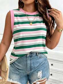 EMERY ROSE Women's Casual Plus Size Sleeveless Round Neck Color Block Striped Wide Shoulder Vest - Multicolor - View 1