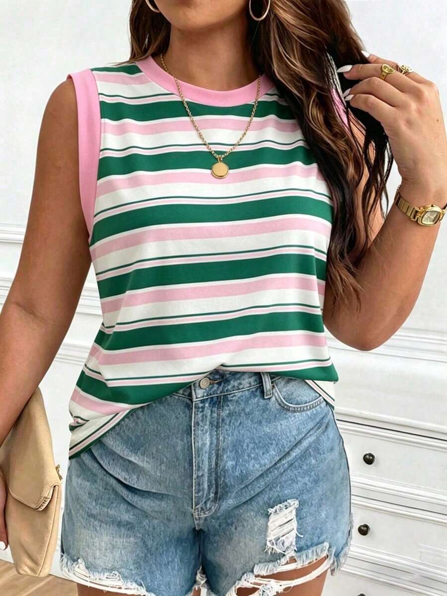 EMERY ROSE Women's Casual Plus Size Sleeveless Round Neck Color Block Striped Wide Shoulder Vest - Multicolor - View 1