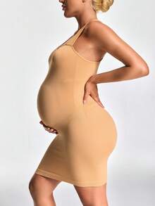 SHAPORA Maternity Solid Color Sleeveless Casual Jumpsuit Romper - Apricot - View 4