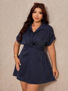 Elaquor Plus Size Summer Casual Tropical Elegant Flapper 1920s Navy Blue Twist Knot Dress Office Formal Brunch Evening Business Women Going Out - Multicolor - View 5