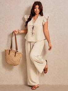 Elaquor Plus Size Women's Ruffle Trim Front Tie Small Flutter Sleeve Blouse And Wide Leg Pants Casual 2 Pieces Set Casual Summer Vacation Daily Two Pieces Set - Apricot - View 4
