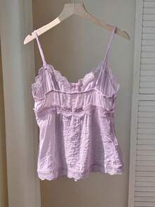 Comfortcana Áo blouse nữ dây mảnh cài nút viền ren xếp ly - Màu tím hoa cà - Xem 2