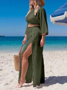 Swim Lushoire Plus Size Cover-Up Set Loose Split Cover-Up Vacation Style - Olive Green - View 4