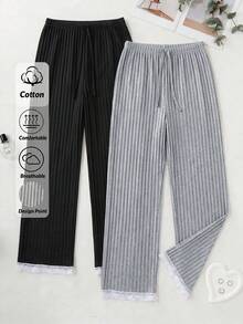 SHEIN Cottnline طقم ملابس نوم نسائي قطن 100% من قطعتين بتصميم مضلع بلون موحد مع تفاصيل دانتيل وشريط متباين - متعدد الألوان - مشاهدة 1