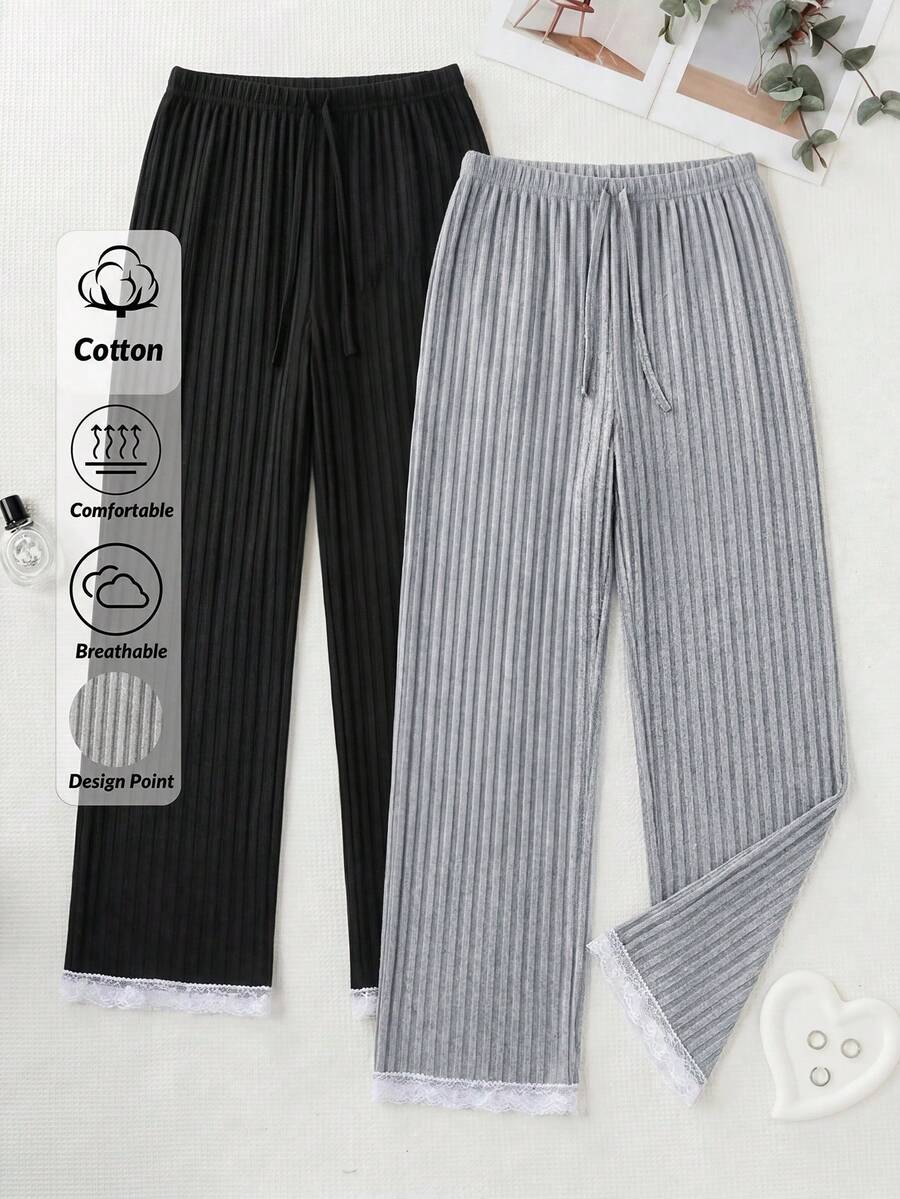 SHEIN Cottnline طقم ملابس نوم نسائي قطن 100% من قطعتين بتصميم مضلع بلون موحد مع تفاصيل دانتيل وشريط متباين - متعدد الألوان - مشاهدة 1