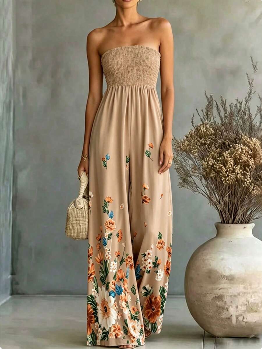 SHEIN LUNE CURVE Women's Plus Size Strapless Ruched Floral Print Summer Jumpsuit - Coffee Brown - View 1