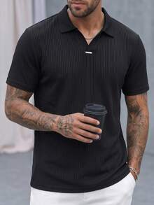 Manfinity CasualCool Custom Textured Jacquard Collar T-Shirt Street Casual Short Sleeve Polo Shirt - Black - View 4