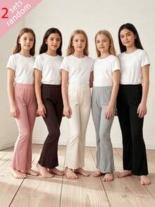 [2 Sets Randomly Sent]Girls Toddler Spring/Autumn Ribbed Flared Pants, High Waist Ruffle Hem Bell Bottom Long Pants, Soft Skin-Friendly Stretchy Slim Fit Children's Leggings, Multi-Color Randomly Sent, Versatile Casual Pants, Korean Minimalist Style Baby Snug Fit And Height-Enhancing Pants - Multicolor - View 1