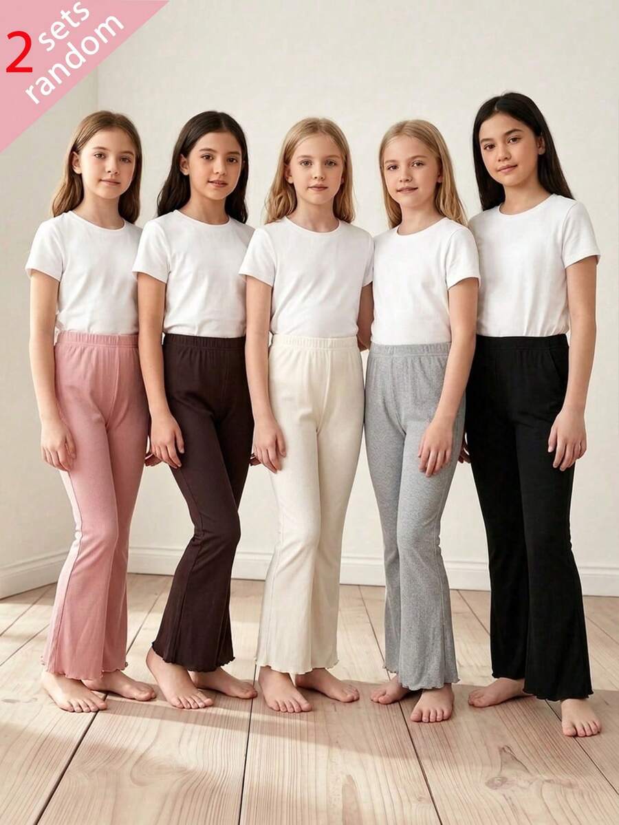 [2 Sets Randomly Sent]Girls Toddler Spring/Autumn Ribbed Flared Pants, High Waist Ruffle Hem Bell Bottom Long Pants, Soft Skin-Friendly Stretchy Slim Fit Children's Leggings, Multi-Color Randomly Sent, Versatile Casual Pants, Korean Minimalist Style Baby Snug Fit And Height-Enhancing Pants - Multicolor - View 1